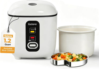 Rice Cooker Small 2.5 Cup Uncooked,1.2 Quart Non-Stick Mini Rice Cooker,With Stainless Steel Steamer Tray,One-Switch to Cook and Auto Keep Warm,Recipe Guide,Space Saving for 1-4 People,White1