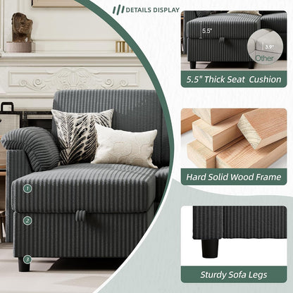 Convertible Sectional Sofa Couch, 3 Seat L Shaped Sofa with Removable Pillows Soft Corduroy Fabric Small Couches Mid Century for Living Room, Apartment and Office (Gray)3