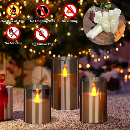 Flameless Candles 4" 5" 6" Acrylic Glass Pillars 3" Diameter Battery Operated Flickering Candles Include 8-Key Remote with Timer Function 400+ Hours (Gray, Warm Light 3 Pack)2