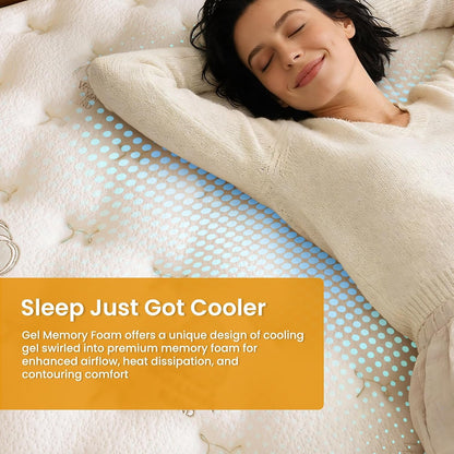14 Inch Cashmere Hybrid Queen Mattress in a Box, Dual-Sided Medium Firm & Firm, Cooling Gel Memory Foam Mattress, Pocket Springs for Motion Isolation, Pressure Relief, Certipur-Us Certified6