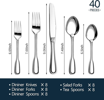 Silverware Set for 8, 40 Piece Utensils Stainless Steel Flatware Set | Boston Style Mirror Polished Spoons and Forks Set for Kitchen，Dishwasher Safe6