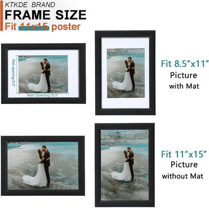 11X15 Picture Frame,Display Pictures 8.5X11 with Mat or 11X15 Without, Tempered Glass,15 by 11 Black Wooden Frame Wall Gallery Poster Frame Best Gift3