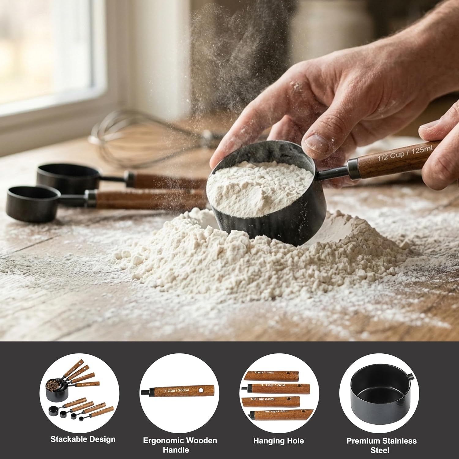 measuring-cups-and-spoons-set-8pcs-stainless-steel-metal-measuring-cups-walnut-wood-handle-black-plated-for-dry-and-liquid-ingredients