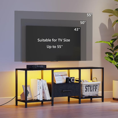 TV Stand with LED Lights, Entertainment Center with Open Shelves and Fabric Drawer, Media Console for 55 Inch TV, Television Stands for Living Room, Bedroom, Black6