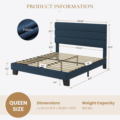 Queen Platform Bed Frame with Upholstered Fabric Headboard, Blue2
