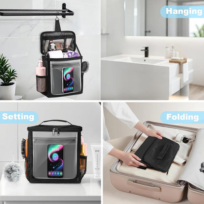 Hanging Shower Caddy Portable, Travel Toiletry Bag for Men & Women, Large Capacity with Hook,Dorm Room Essentials with Waterproof Phone Compartment, for Bathroom, Picnic, Gym, Travel(Black)4