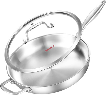 Tri-Ply Stainless Steel Pan with Lid 12Inch | Compatible with All Cooktops Heavy Duty Frying Pan with Lid, 18/10 Large Cooking Surface, Stainless Steel Skillet1