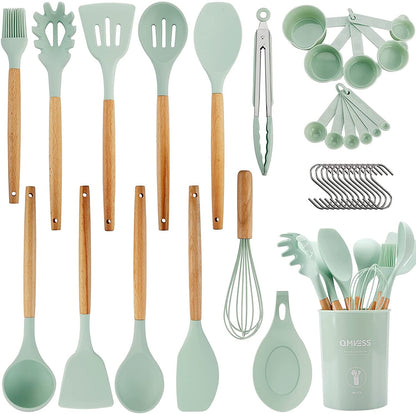 Silicone Kitchen Utensils Set, 35 Pcs Non-Stick Cooking Utensils Set, Sturdy Insulation Wooden Handle Kitchen Accessories for Cooking with Spatula Set and Spoons Set Gadgets (Light Green)1