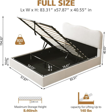 Full Size Lift-Up Storage Bed, Modern Upholstered Boucle Bed with Curved Headboard, Gas Lift Platform, Sturdy Wooden Slat Support, No Box Spring Needed, Easy Assembly, Cream White3