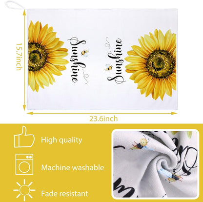 4 Pcs Sunflower Kitchen Towels Set, Hand Tea Towels Gifts | Absorbent Fast Drying Dish Clothes Floral Black White Plaid Decor Housewarming Gift for Cooking Bathroom Kitchen Decor3