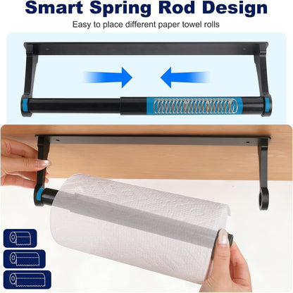 Black Paper Towel Holder under Cabinet, Adhesive Paper Towel Holder Wall Mount Toilet Roll Holders Rack for Kitchen Bathroom Garage Counter, Anti-Drop Upgraded Telescopic Rod Design Roll2