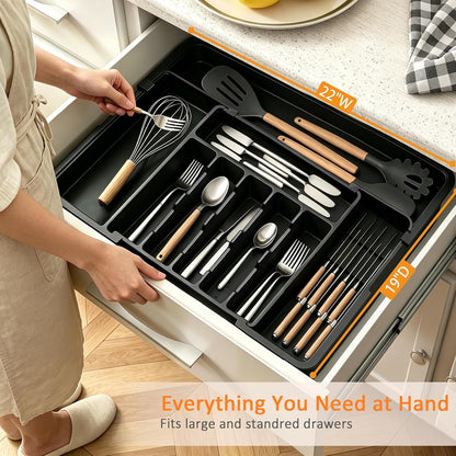 Silverware Organizer - Expandable Large Kitchen Drawer Organizer Utensil Organizer with 2 Removable Knife Blocks, 22"X 19"Cutlery Tray Drawer Dividers for Kitchen Flatware(6-9 Slots) (Black)6
