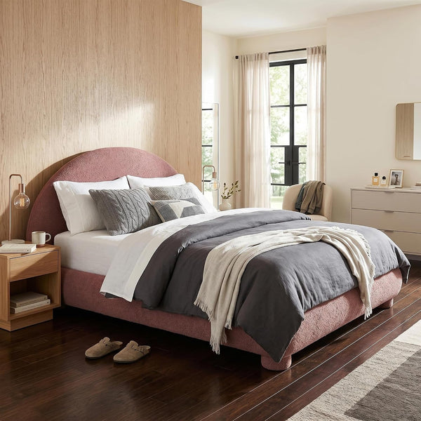 Boucle Upholstered Platform Bed with Arched Headboard, Queen, Red1