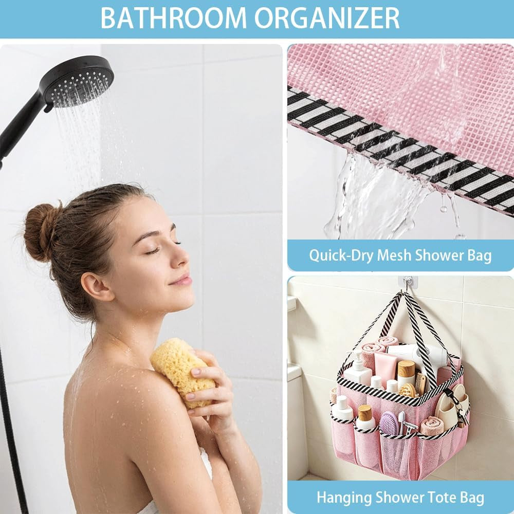 mesh-shower-caddy-portable-for-college-dorm-room-essentials-9-pocket-large-capacity-waterproof-hanging-toiletry-tote-with-2-handles-pink-bathroom-organizer-for-swimming-gym-camp-beach-travel