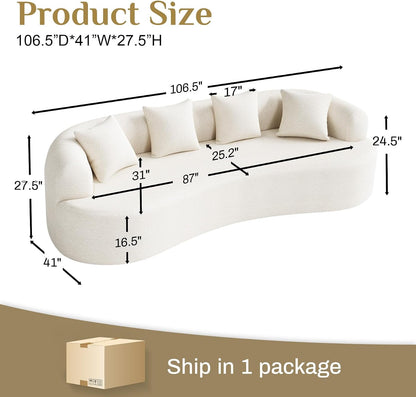 Modern Curved Couch,Oversized 4 Seater Boneless Chenille Sofa,Cream White2