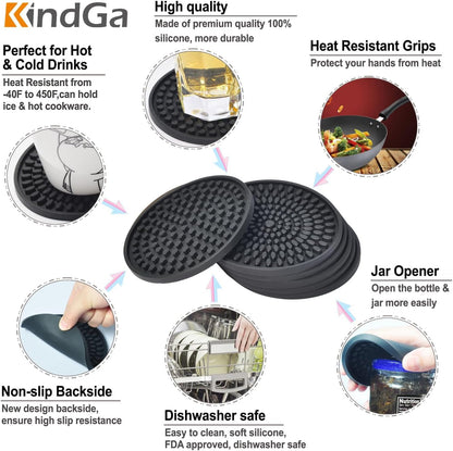 Silicone Coasters for Drinks Absorbent Rubber Coaster Set of 8 Black | Large Drink Coasters, 4.3 in Oval Deep Bottle Cup Coaster, Outdoor Coasters for Patio Table, Desk, Bar, Non Slip Coasters4