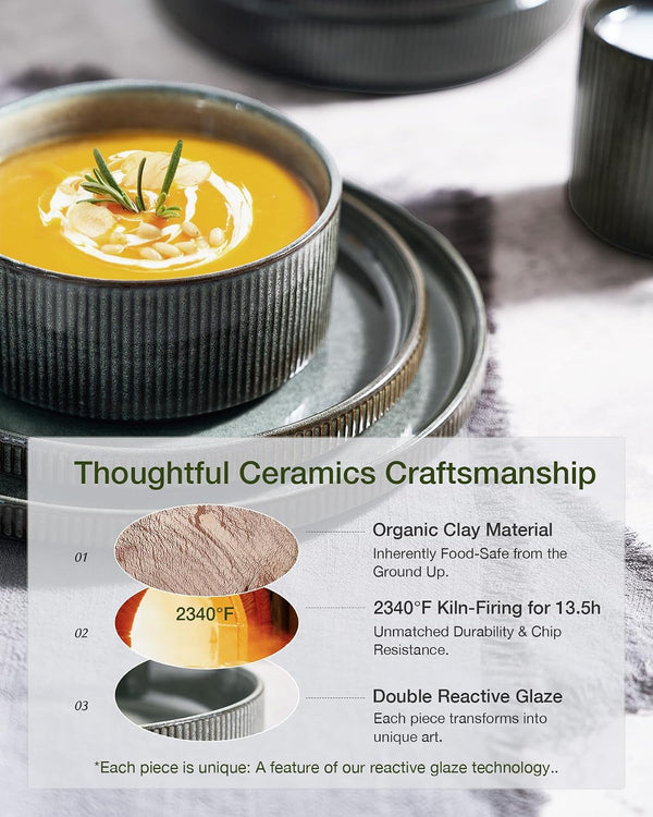 Star Stoneware Dinnerware Set, Reactive Glaze Plates & Bowls for 45