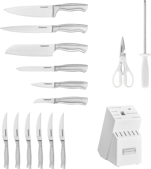 Professional Block Knife Set, 15Pc Cutlery Knife Set with Steel Blades for Precise Cutting, Lightweight, Stainless Steel Durable & Dishwasher Safe, White4