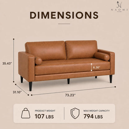 Marisa Genuine Leather Mid-Century Modern Sofa, Tan2