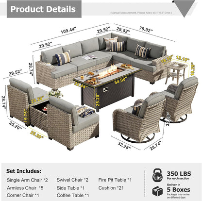 Outdoor Sectional Patio Furniture Set with Fire Pit Table,13 Pieces Wicker Conversation Sets L Shaped Couch,Extra Deep Out Door Sofa outside Furniture with Swivel Chairs,Charcoal Gray9