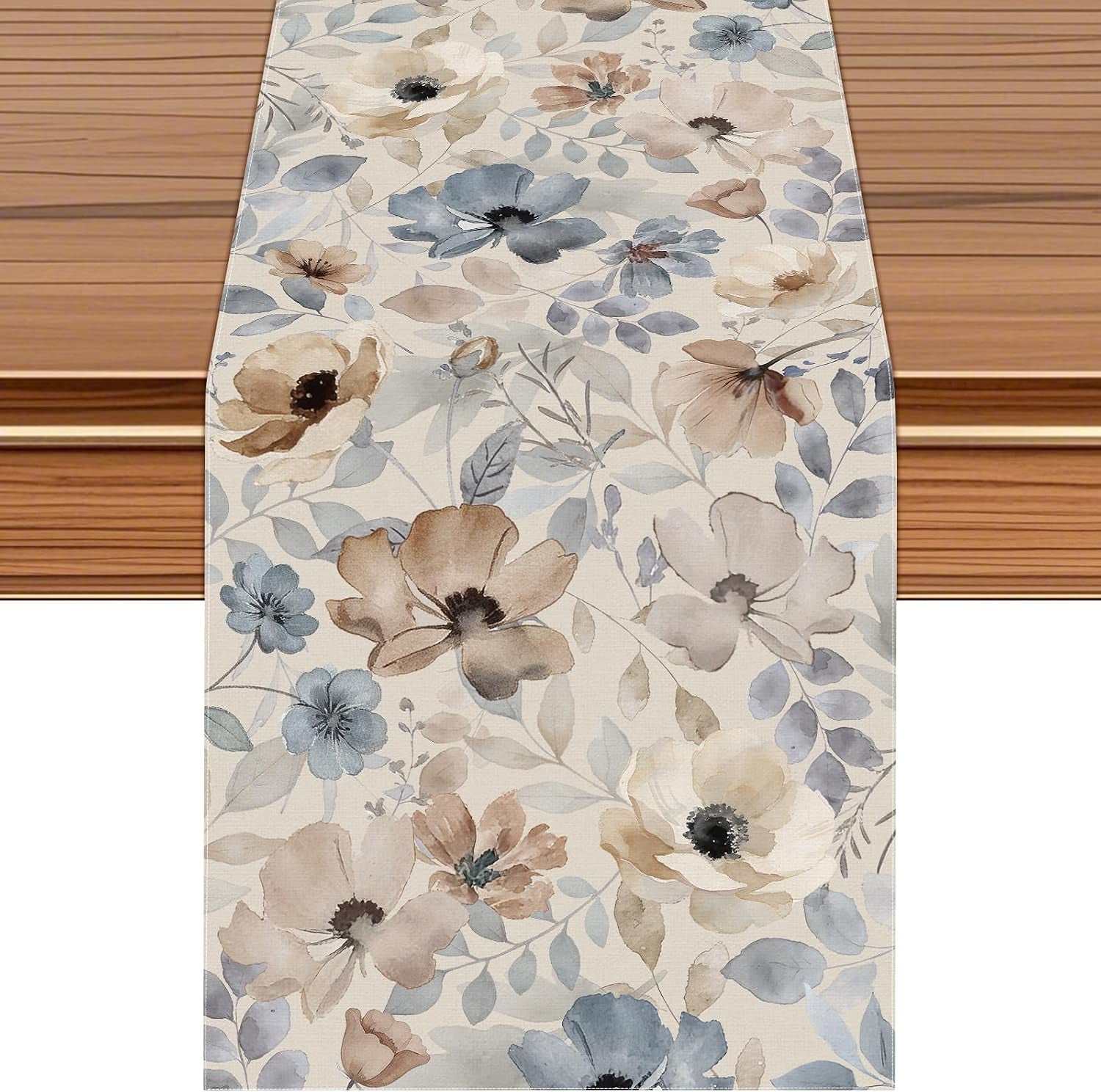 watercolor-floral-table-runner-blue-beigeneutral-linentexture-13x72inches