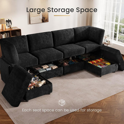 Modular Sectional Sofa U-Shaped 6 Seater Couch with Storage Ottoman, Convertible L-Shaped Plush Wide-Wale Corduroy Couch for Living Room, Apartment, Modern Design, Black7