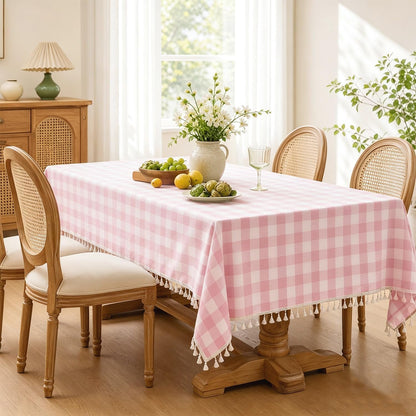 Gingham Tablecloth Rectangle Cotton Linen Fabric Checkered Table Cloth with Tassel Washable Wrinkle Free Buffalo Plaid Table Cover for Birthday Party Picnic Outdoor, Pink, 55X753