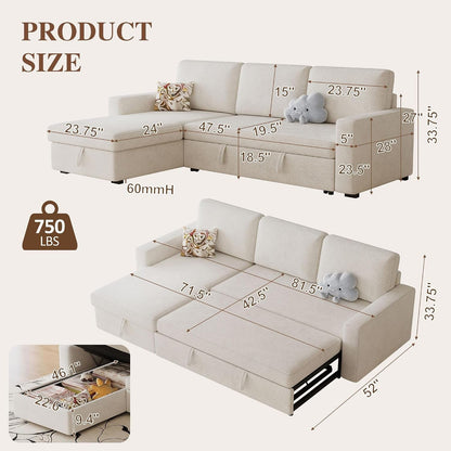 81" L Shaped Convertible Sleeper Sectional Sofa Bed, Beige2