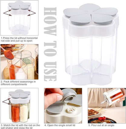 2 Pcs 5 in 1 Spice Containers, Multi-Spice Dispenser, Portable Travel Seasoning Condiment Containers, Salt Pepper Spice Shaker with Lid and Labels Clear Container Jars5