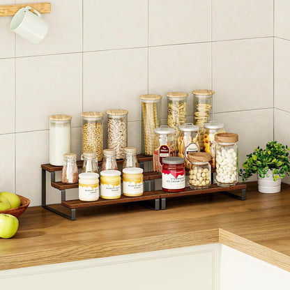 3-Tier Spice Rack, 13.8 Inch Wood Countertop Spice Storage Holder, Kitchen Pantry Cabinet Organizer Cupboard for Spice Bottles, Jars, Seasonings, Baking Supplies, Metal Frame(Set of 2)4