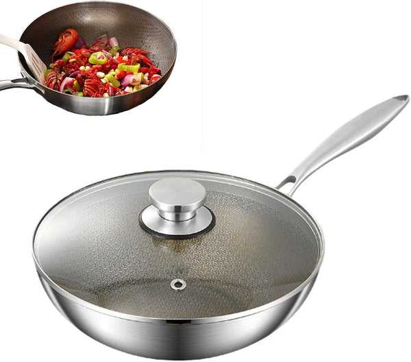 Titanium Wok for Cooking, Titanium Frying Pans, Multifunctional Ultra-Durable Scratch-Resistant Non Stick Even Heating Titanium Wok for Cooking,Includes Lid,9.44In1