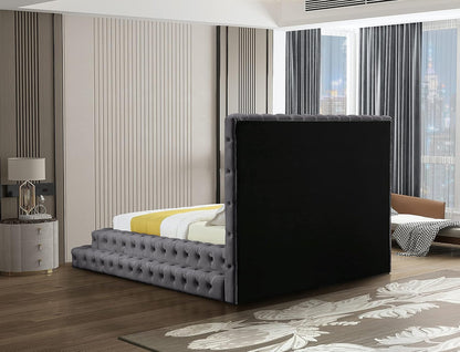 Meridian Furniture Revelgrey-Q Revel Collection Modern | Contemporary Grey Velvet Upholstered Bed with Deep Button Tufting, 85" W X 98" D X 60" H, Grey, Queen7