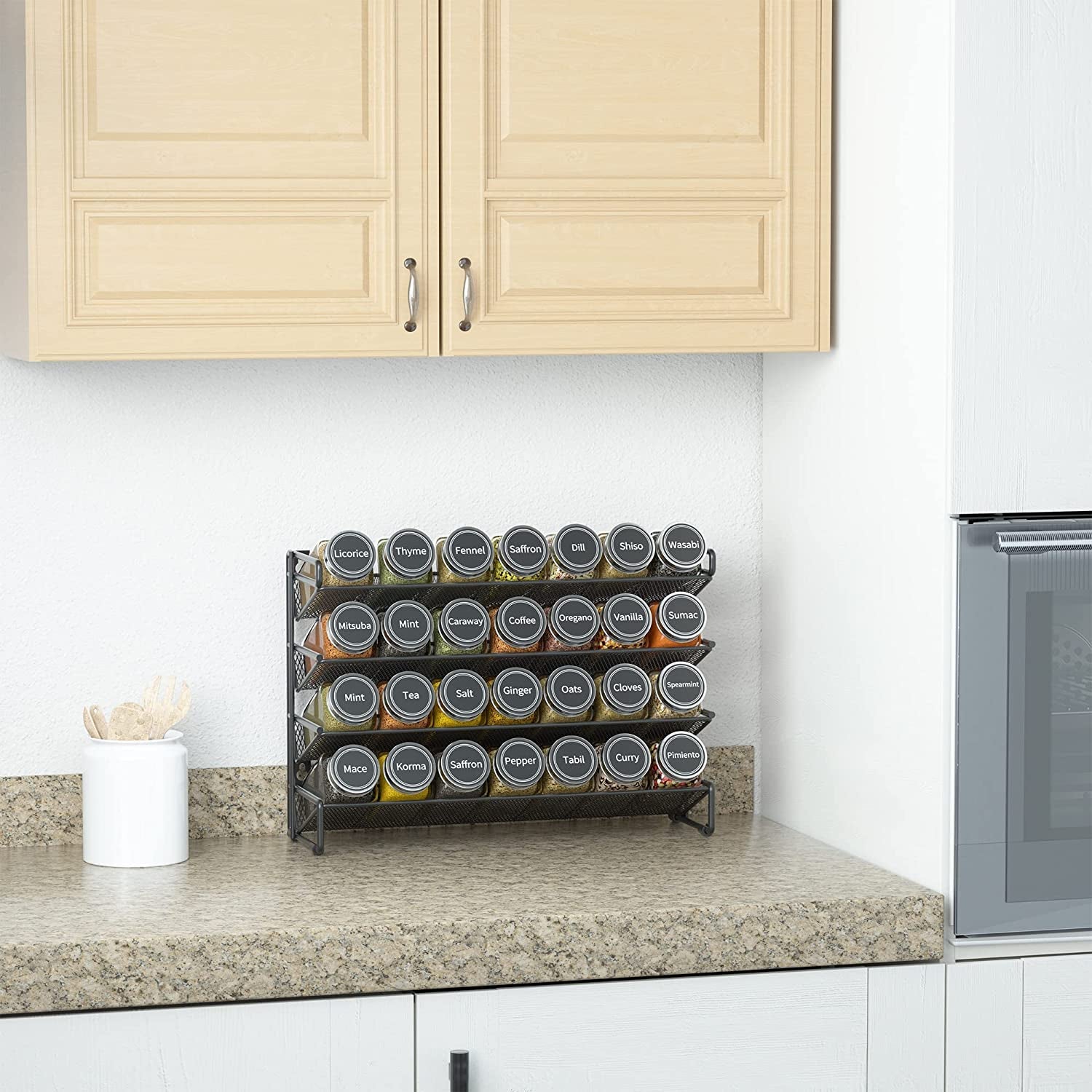 spice-rack-organizer-with-28-spice-jars-386-spice-labels-chalk-marker-and-funnel-set-for-cabinet-countertop-pantry-cupboard-or-door-wall-mount-28-jars-13-4-w-10-8-h-black