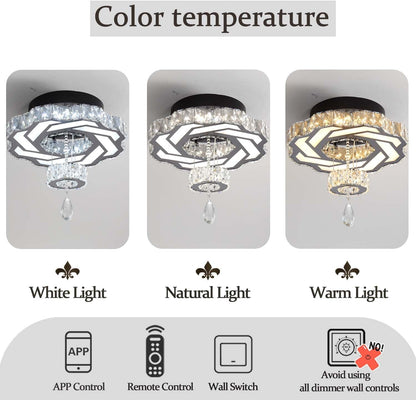16 Inch Mini Chandelier Modern Crystal Chandeliers Light Semi Flush Mount Ceiling Light Fixture Small Black Chandelier for Bedroom Hallway Kitchen Foyer7