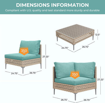 4-Piece Wicker Patio Furniture Set, Boho Outdoor Conversation Set Sectional Sofa with Water Resistant Thick Cushions and Coffee Table, Blue5
