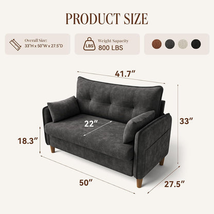 50" Mini Loveseat Couch for Small Space | Tufted Love Seat Couches for Bedroom and Apartment | Small Sofa Dark Grey2