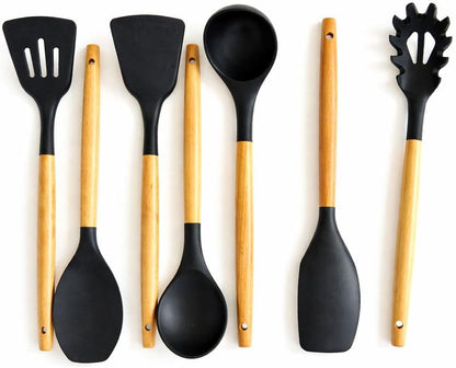 Silicone Kitchen Utensil Set, 7-Piece Heat Resistant Cooking Tools with Spray-Coated Wooden Handles, BPA Free, Non-Stick Safe1