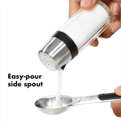 OXO Good Grips Salt & Pepper Shaker Set, Easy to Refill with Twist-Off Lid | Clear Body for Visible Levels, Stainless Steel Accents, Table-Ready, Kitchen Condiment Set, Side Spout for Easy Pour4