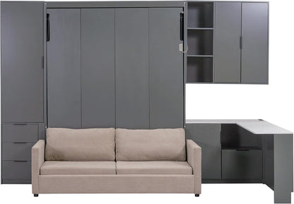 Queen Size Foldable Murphy Bed with Sofa and Desk, Wall Cabinet Bed with Hydraulic Storage, Shelves & Drawers, LED/USB Lighting, Dark Gray Panel, Beige Sofa9