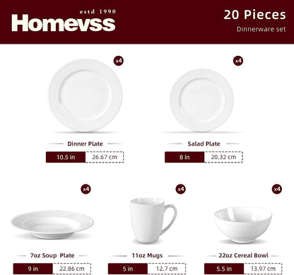 Homevss, New Bone China Dinnerware Set, Embossed Pearl Design, 20Pc Set2