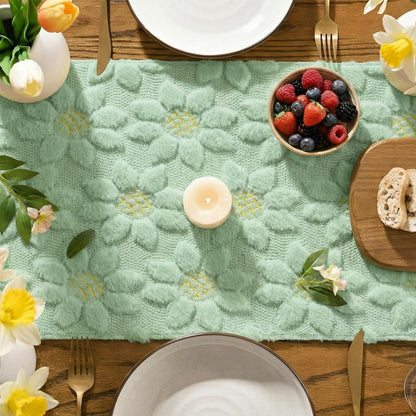 Green Soft Plush Faux Fur Jacquard Embroidery Sunflower Spring Table Runner, Kitchen Dining Table Decoration for Home Party Decor 13X90 Inch3