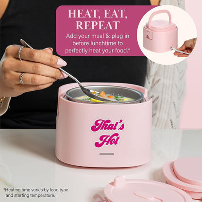 Electric Lunch Warmer, 20-Ounce Stainless Steel Portable Food Container with Sealing Lid, Removable 2.5-Cup Inner Dish, “That’S Hot” Front Decal, Pink3