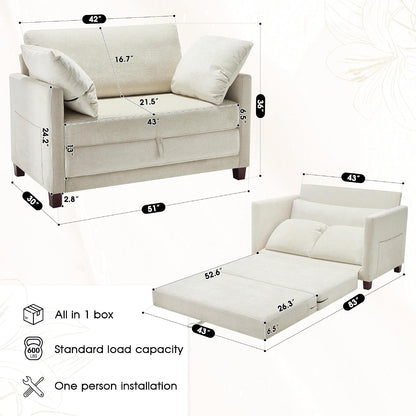 51" Convertible Sofa Bed, 2 In1 Folding Sofa Bed, Loveseat Sleeper Sofa for Small Spaces, Fold Out Floor Couch with 2 Pillows for Apartment, Living Room & Guest Room, Beige Chenille Fabric2