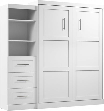 Queen Murphy Bed & Shelving Unit with Drawers, White, Pur, 90W1