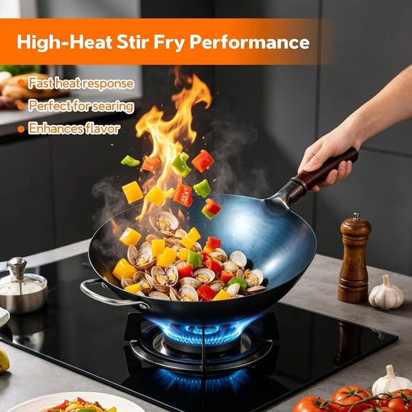 14 Inch Carbon Steel Wok with Lid, round Bottom Wok Pan, Blue Pre-Seasoned Chinese Stir Fry Pan for Open Flame Cooking, Large Traditional Pow Wok for BBQ, Grill, Camping, Home Cooking4