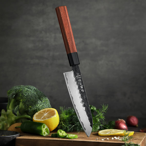 5.5 Inches Santoku Knife, Three-Layer Clad Steel, Professional Small Japanese Chef Knife, Ultra Sharp Blade, Red Wood Octagonal Handle3