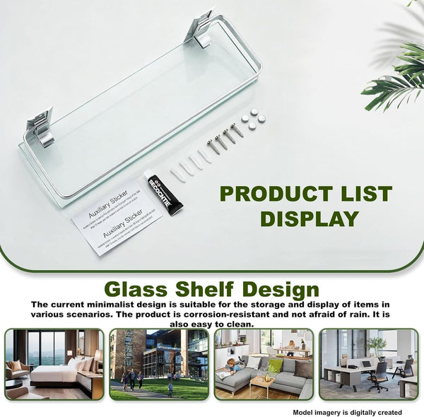 Bathroom Glass Shelf 15.7" Silver Wall-Mounted, Floating Metal Storage Rack4