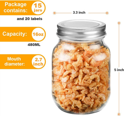 16 Oz Mason Jars with Silver Lids 15 Pack Pint Glass Canning Jars | Regular Mouth Clear Glass Jars Bulk for Meal Prep, Overnight Oats, Dry Food, DIY Crafts.Food Storag with 20 Labels and 1 Pen4