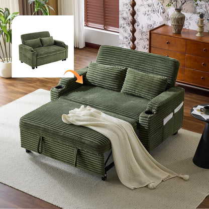 Green Futon Sofa Bed Convertible Loveseat Sleeper Sofa Couch, Corduroy Pullout Sofa Fold Out Couch Bed with USB Ports, Cup Holders, Armrest for Living Room, Bedroom Apartment Room1