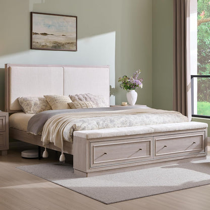King Bed Frame W/Upholstered Headboard,Storage Bench,White Alder8